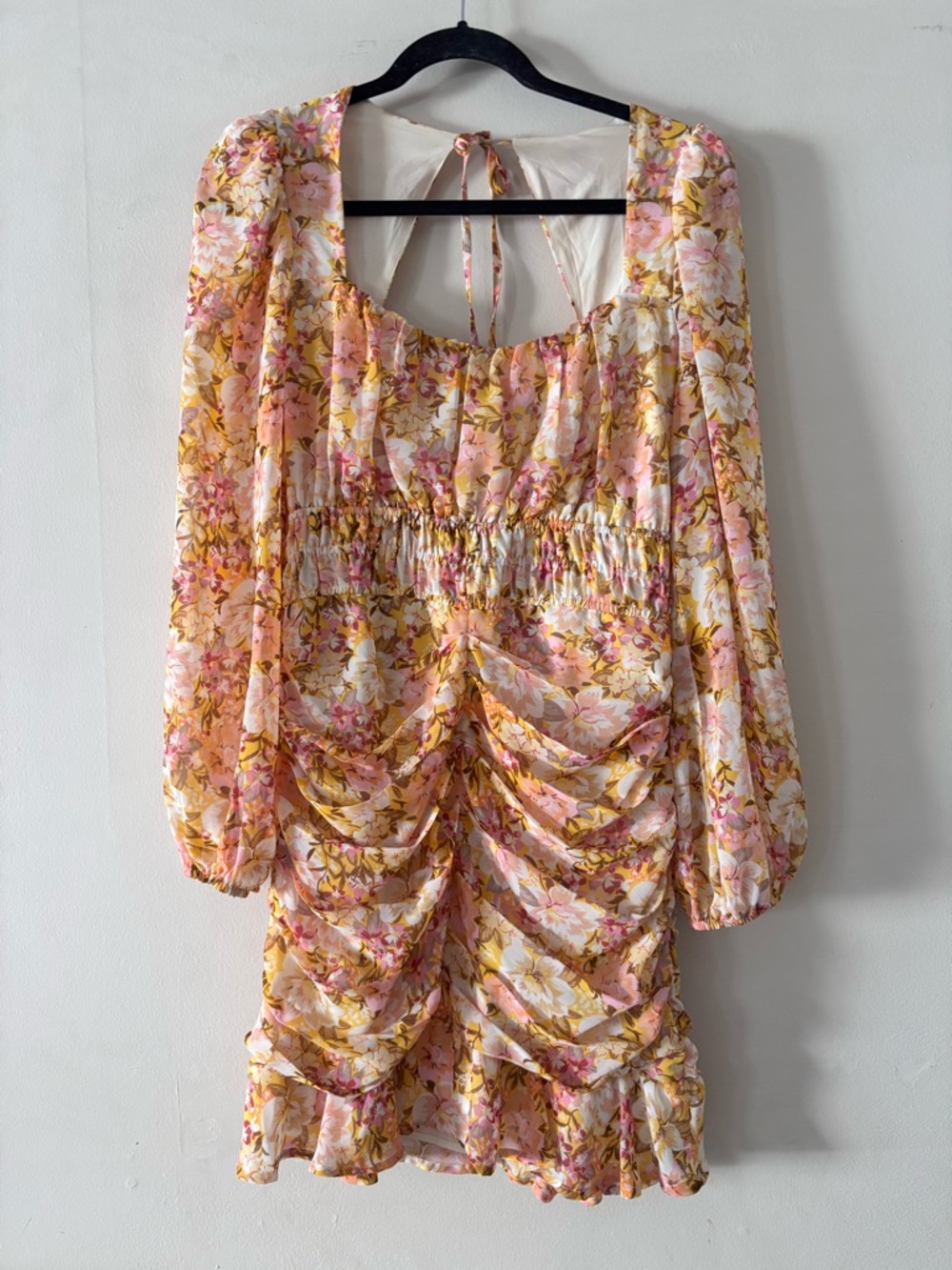 ASTR Floral Ruched Long-Sleeve Mini Dress - Pink & Yellow Floral